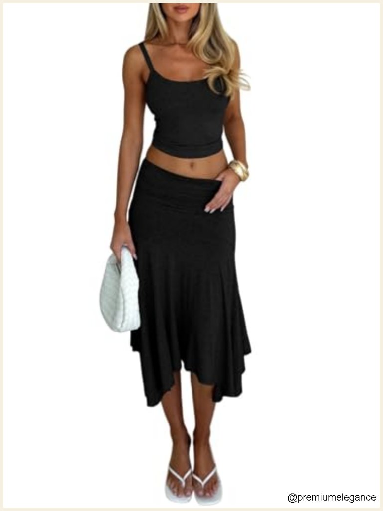 Sexy Two Piece Outfit Sleeveless Tank Crop Top & Asymmetrical Midi Skirt Set